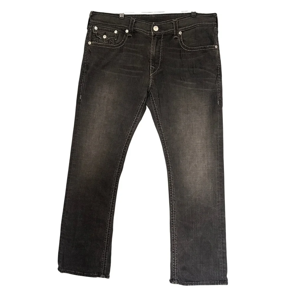 True Religion Mens Straight Leg Jeans Faded Black Thick Stitch 38 x 31